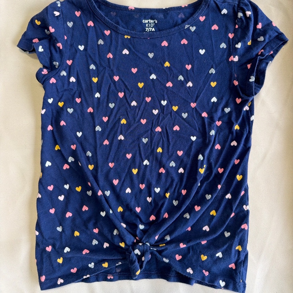 Carter’s Kids Navy Heart Print Tie-Front Short Sleeve Top — Size 7